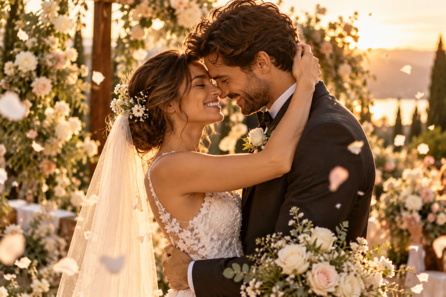 A bride and groom sharing a tender moment in golden light