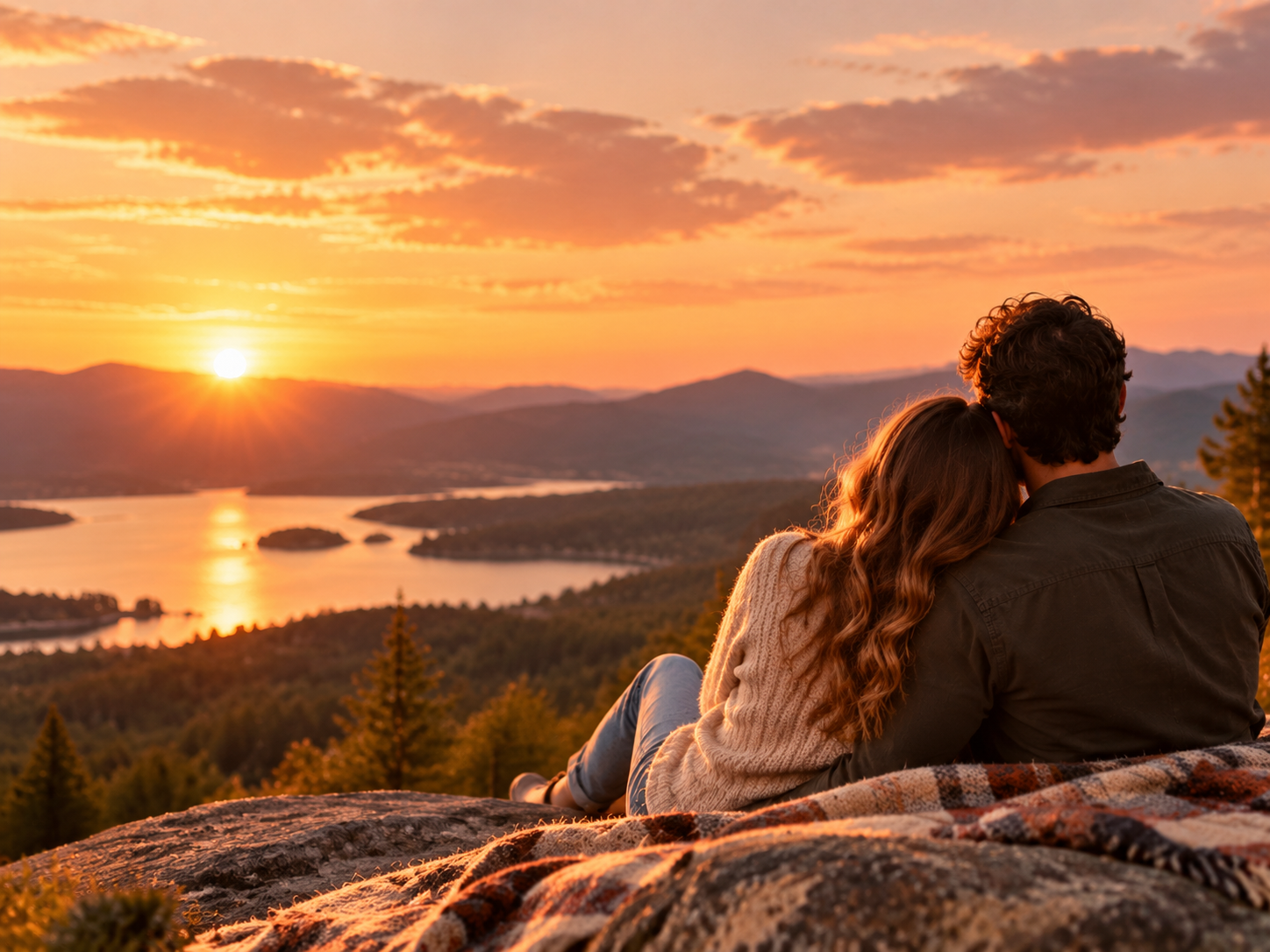 A couple holding each other outdoors in warm evening light