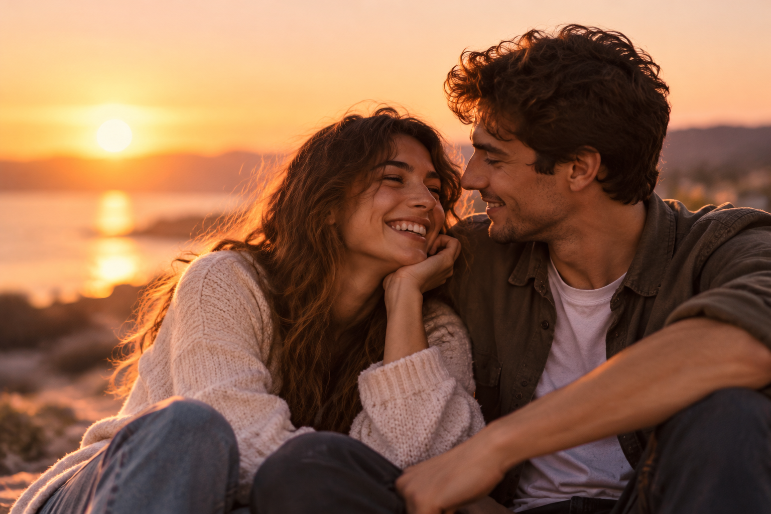 Two people sharing a warm, candid laugh outdoors