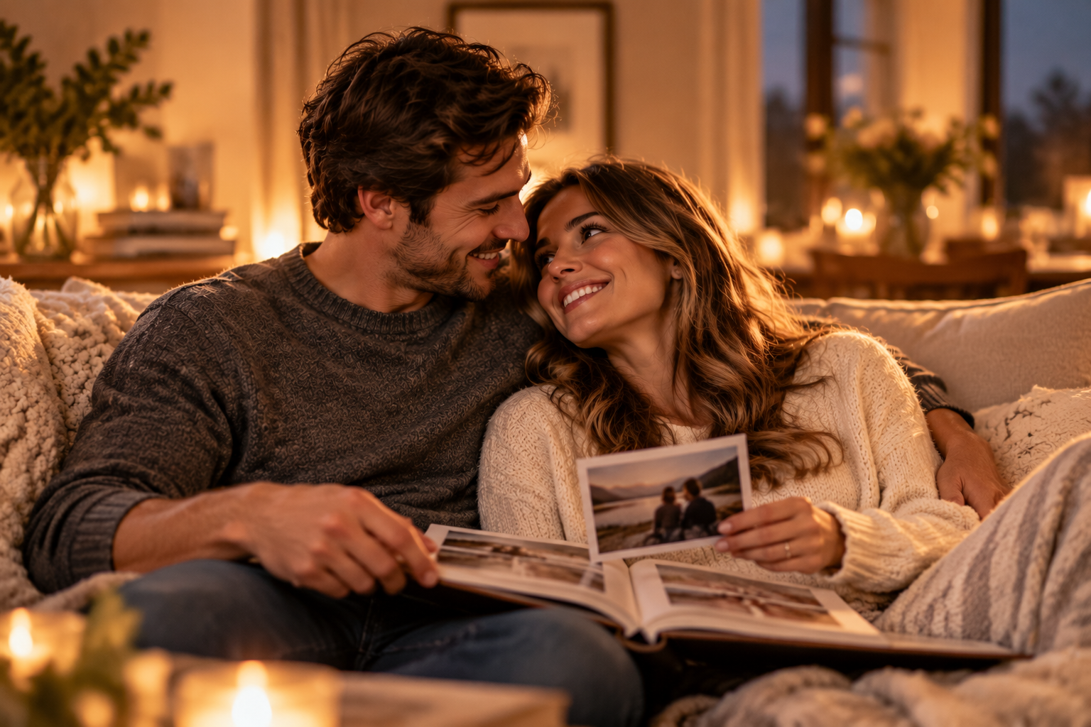A couple dancing together at home in soft candlelight, holding hands
